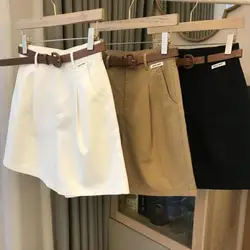 Women Summer Shorts A-line Solid Color With Belt High Waist Suit Shorts Loose Pockets Lady Dating Commute Shorts 여성용 슈트 반바지