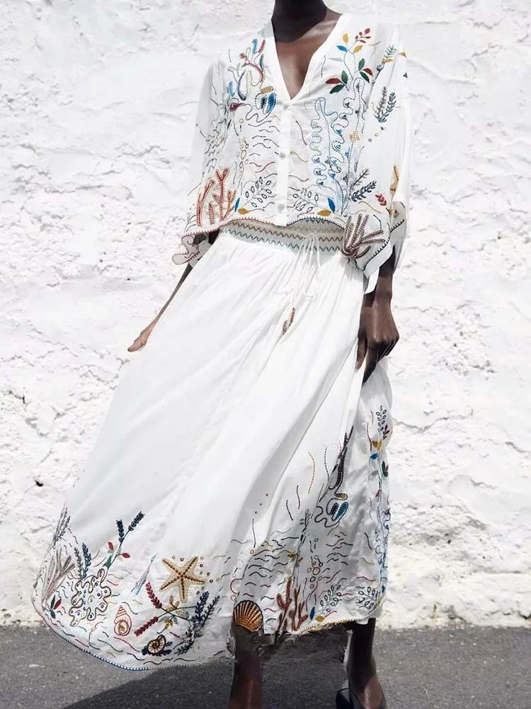 

Women Fashion New 2Pcs Casual Cotton Embroidered Loose Top+Cotton Embroidered Midi Skirt 2023 Sexy Tops Two Piece Set Dress