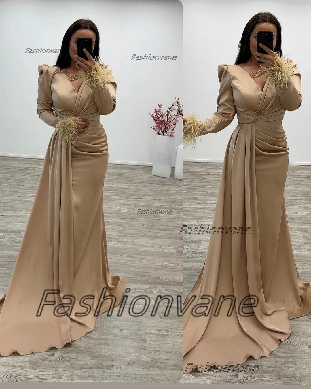 

Fashionvane Robe Des Marrige Beaded V Neck Prom Dresses Long Sleeves Feathers Evening Party Saudi Arabia Women Wear Special Gown