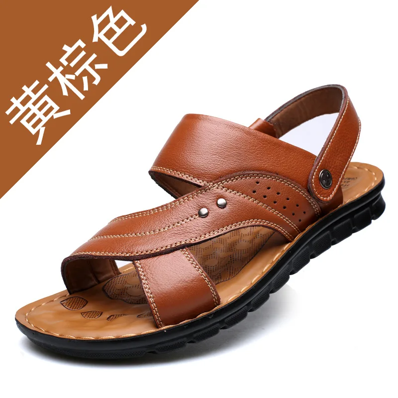 Men\'s Summer New Men\'s Sandals Men\'s Leather Beach Shoes Casual Men\'s Shoes Fashion Slippers Stripe Sandals Rubber  Mens Shoes