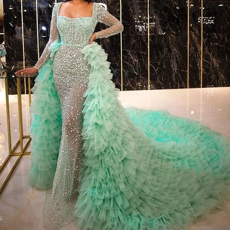 

Mint Green Sheer Sequin Evening Dress Lace Long Sleeve Prom Dress Detachable Train Party Party Party Birthday Celebration Dress