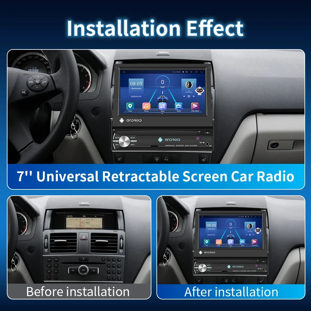 Podofo Pantalla Retráctil de 7 Pulgadas Carplay 1Din Reproductor Multimedia para Auto Android con GPS, Navegación, WIFI, Audio Estéreo, Control por Voz AI, FM RDS 2