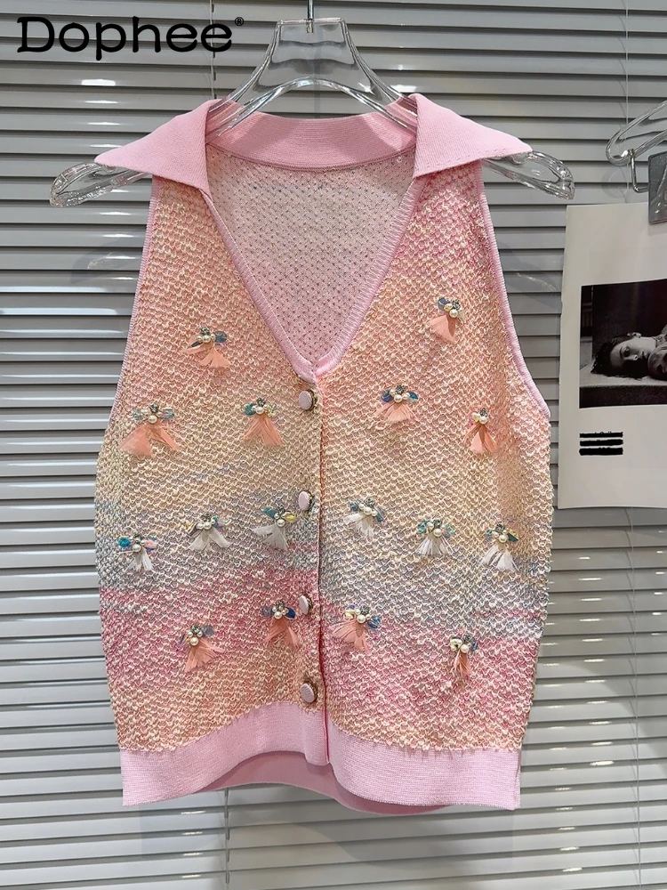 

Sweet Gradient Pearl Sequined Knitted Cardigan 2024 Summer New Rainbow Color Crocheted Lapel Single Breasted Sleeveless Vest