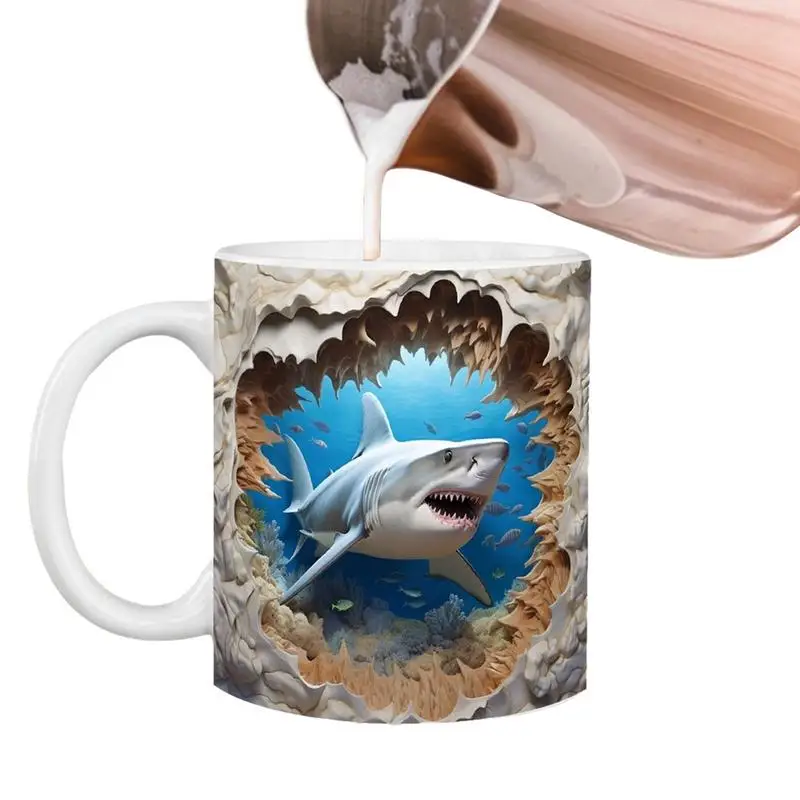 

Кофейная кружка с 3D рисунком, милые плоские кофейные кружки с 3D рисунком, кофейная кружка, керамический Декор акулы для кофе, молока, чая, 11 унций