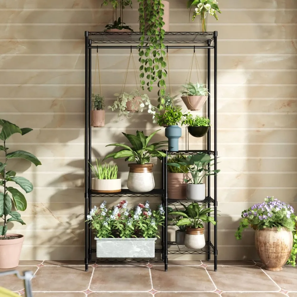 6 Tier 16 [Pot]s [Flower] [Pot]s Holder Storage [Shelf] [Flower] Stands With Hanger Rod for Living Room Balcony and Garden Black
