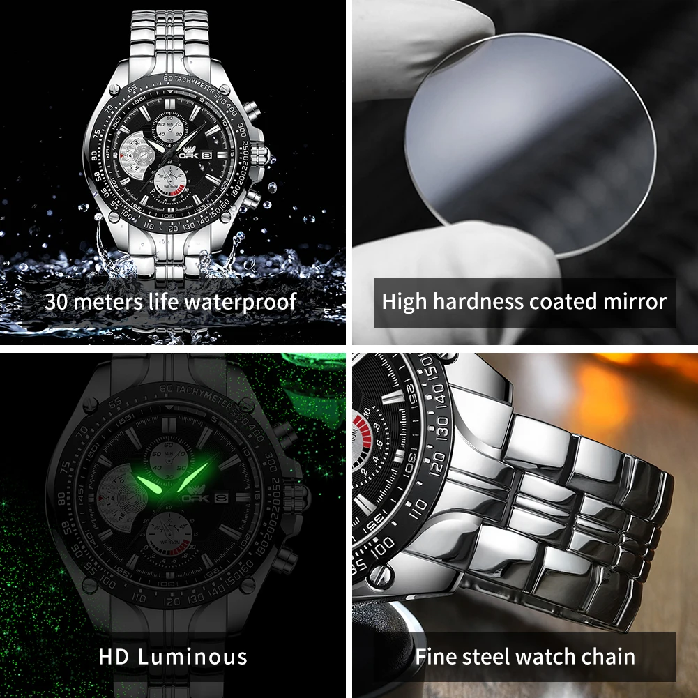 OPK Original Men's Watches Stainless Steel Waterproof Luminous Calendar Display Quartz Watch for Men Fashion Sports Man Watch