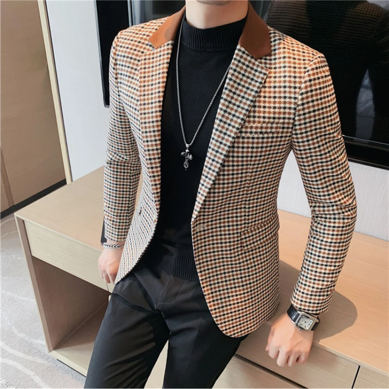 

Fashion Suit Blazer Dress Casual Style Tuxedo Case British Business Men's Quality Slim Plover Jacket Collar High Spliced Elegant