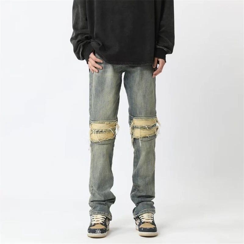 

Women's Patchwork Hole Straight Thin Jeans Vintage Street Cool Girl High Waisted Flare Pants Female Casual Denim Trousers