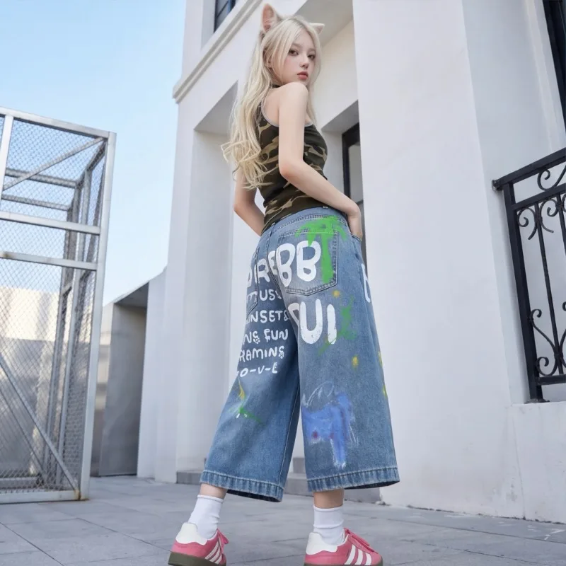 Pantalon en jean pour femme, coupe large, capri, patchwork imprimé, taille haute, style rétro, baggy, short, été, plage, vacances