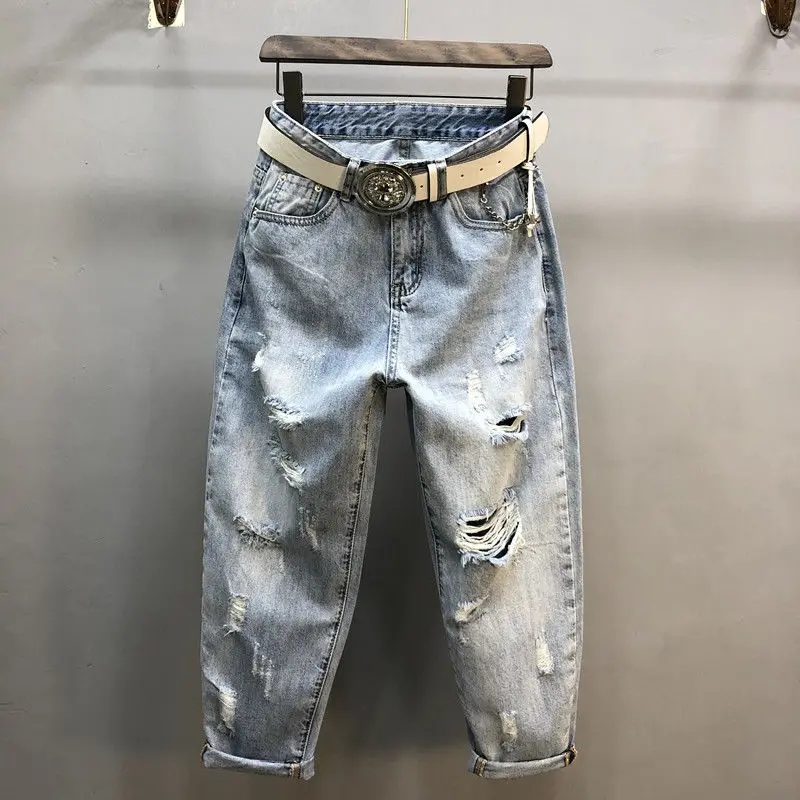 

Korean Hole Jeans Women Spring Summer New Loose Bf High Waist Denim Pants Women Straight Nine Points Harem Cowboy Trousers E197