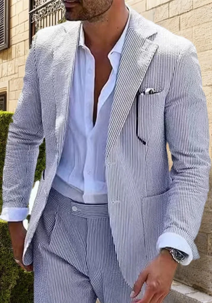 Stylish Seersucker Men's Suit Set 2 Piece Jacket and Pant Notched Lapel Summer Beach Tuxedo Evening Party Wedding Elegant Suit