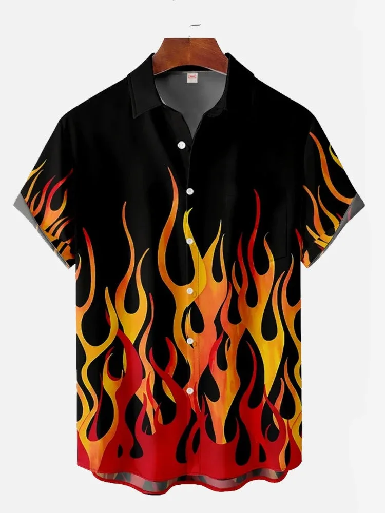 Men's 3D flame printed Hawaiian Casual Short Sleeved Shirt Summer Button Up