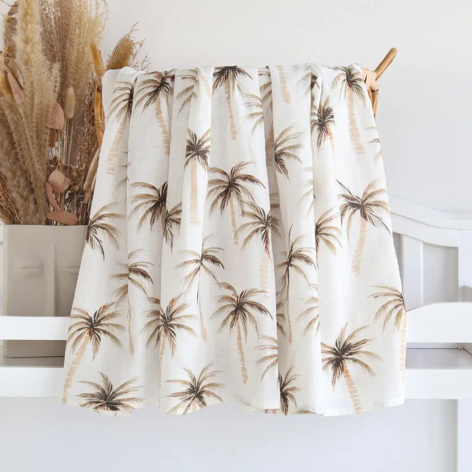 Eucalyptus Printed Organic Bamboo Cotton Muslin Baby Swaddle Blanket