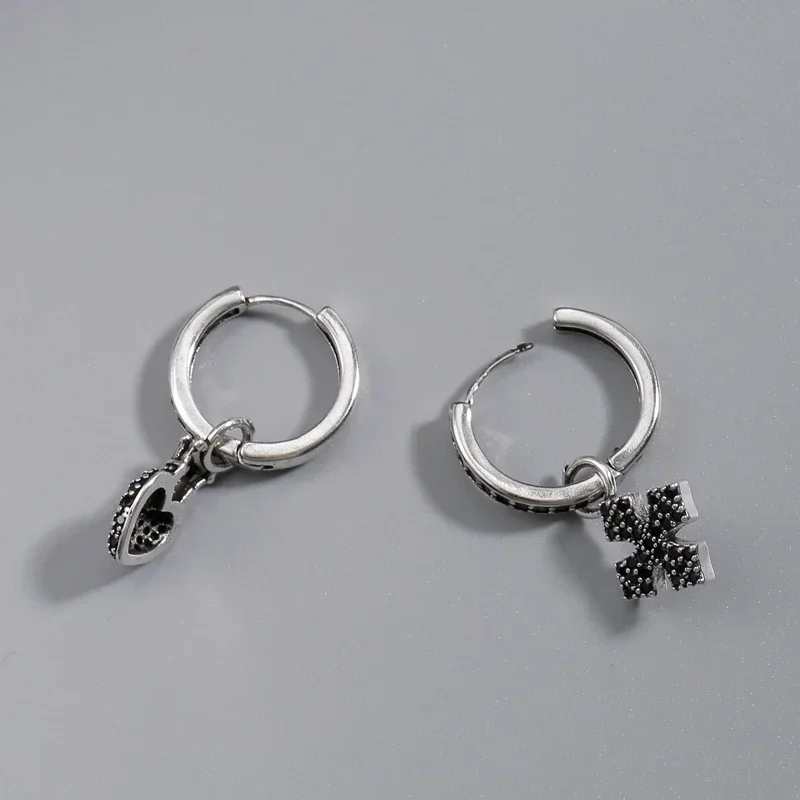 Unique Cross Crown Love Asymmetric Earrings with Male and Female Bands for Simple Personality