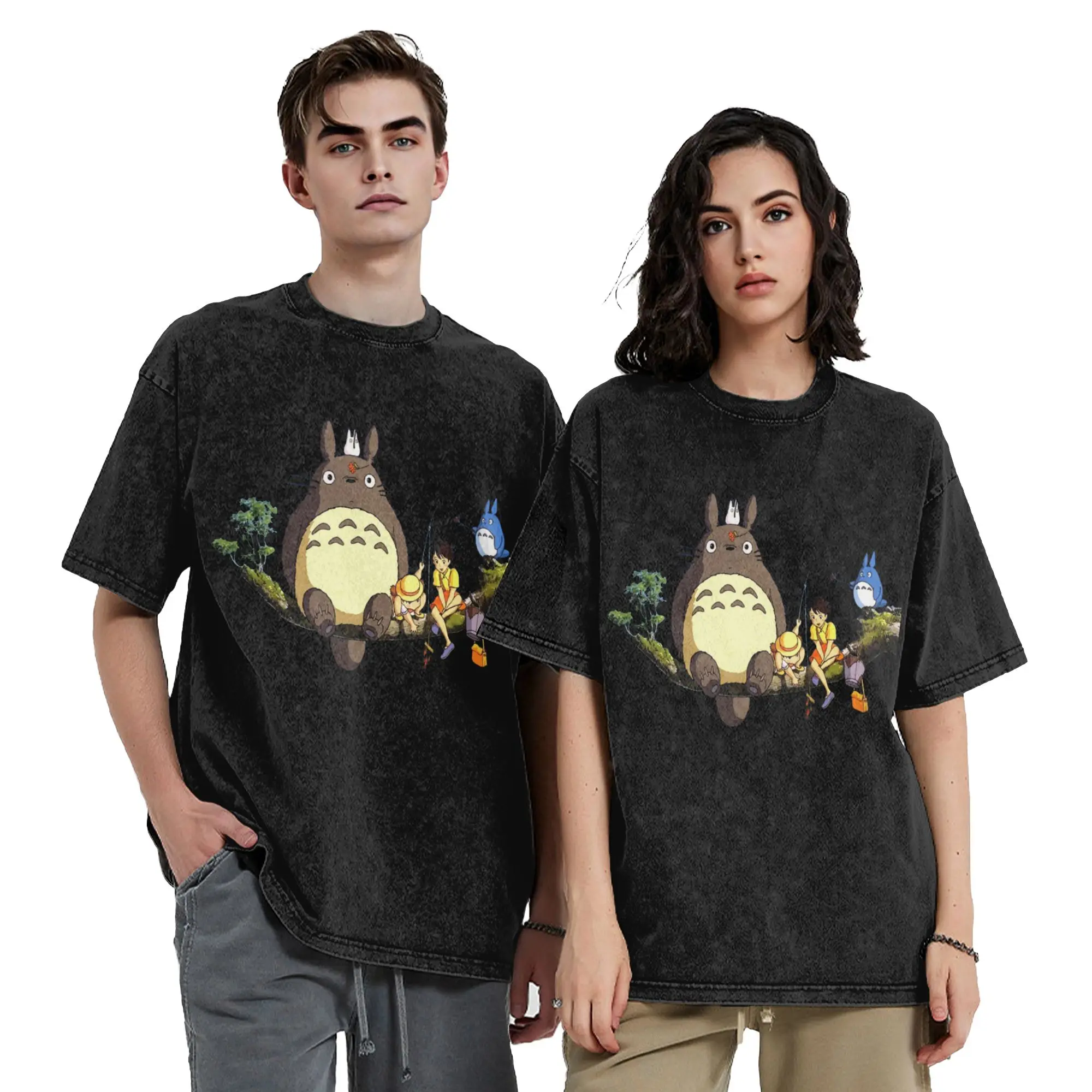 Totoro-Miyazaki Anime T-Shirts Hip Hop Washed 100% Baumwolle Harajuku T-Shirts Retro Herren Damen Tops Streetwear Sommer T-Shirt