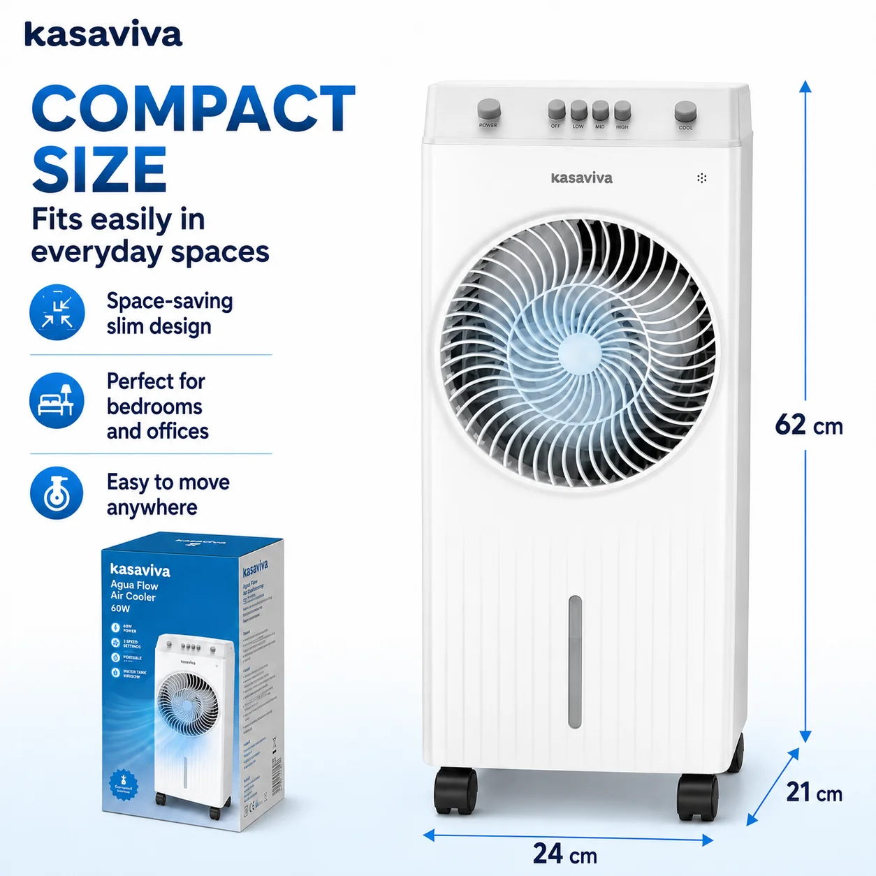 Ventilateur évaporatif à faible consommation d'énergie 60W, 3 vitesses de ventilation, fonction de refroidissement, portable, sur roulettes, pour usage domestique quotidien en intérieur 1