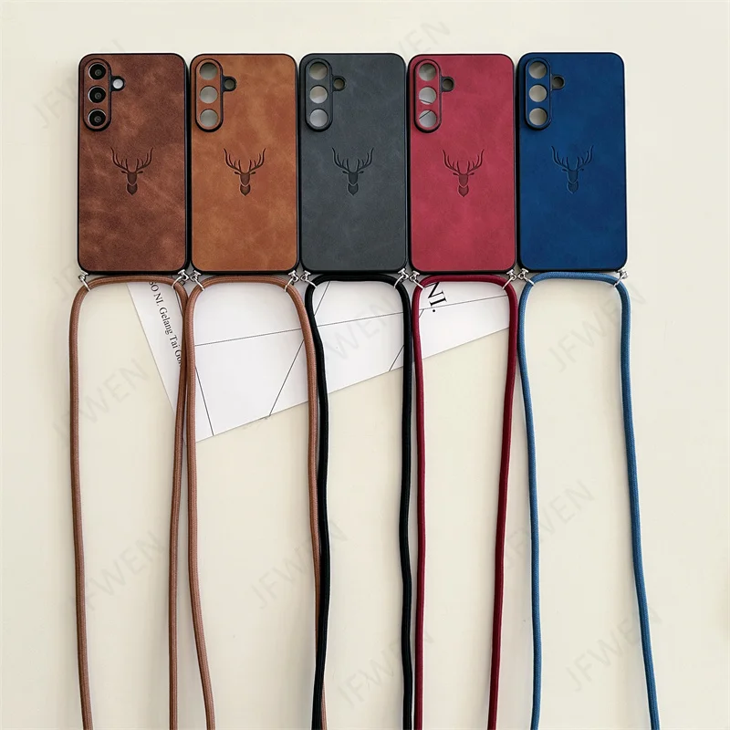 Luxe Deer Head Leather Crossbody Lanyard Phone Case with Hard PC Back Cover