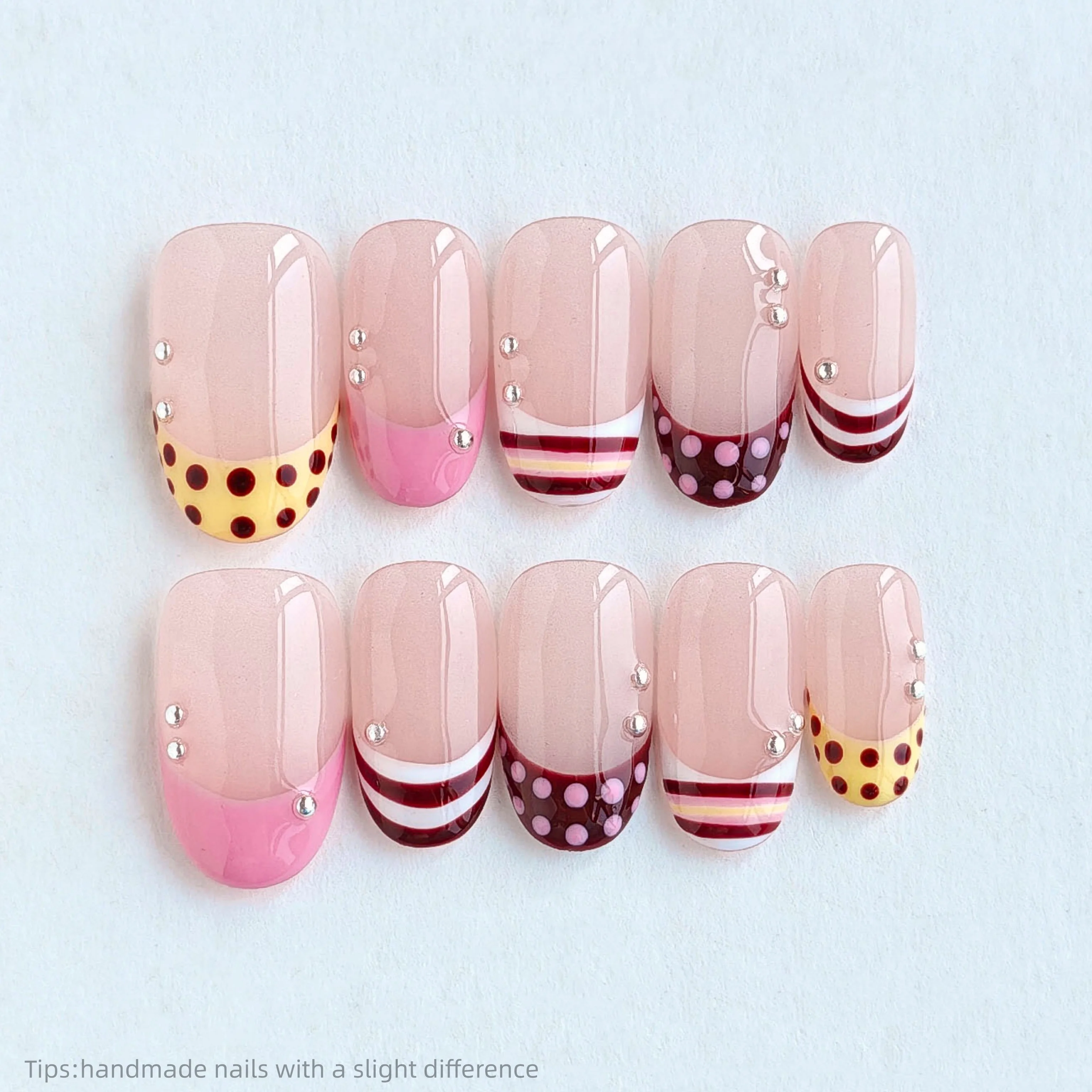 10pcs Handmade Pink French Polka Dot Stripe Press On Nails Short Oval Sweet Cute Fake Nails Silver Bead Decor False Nails