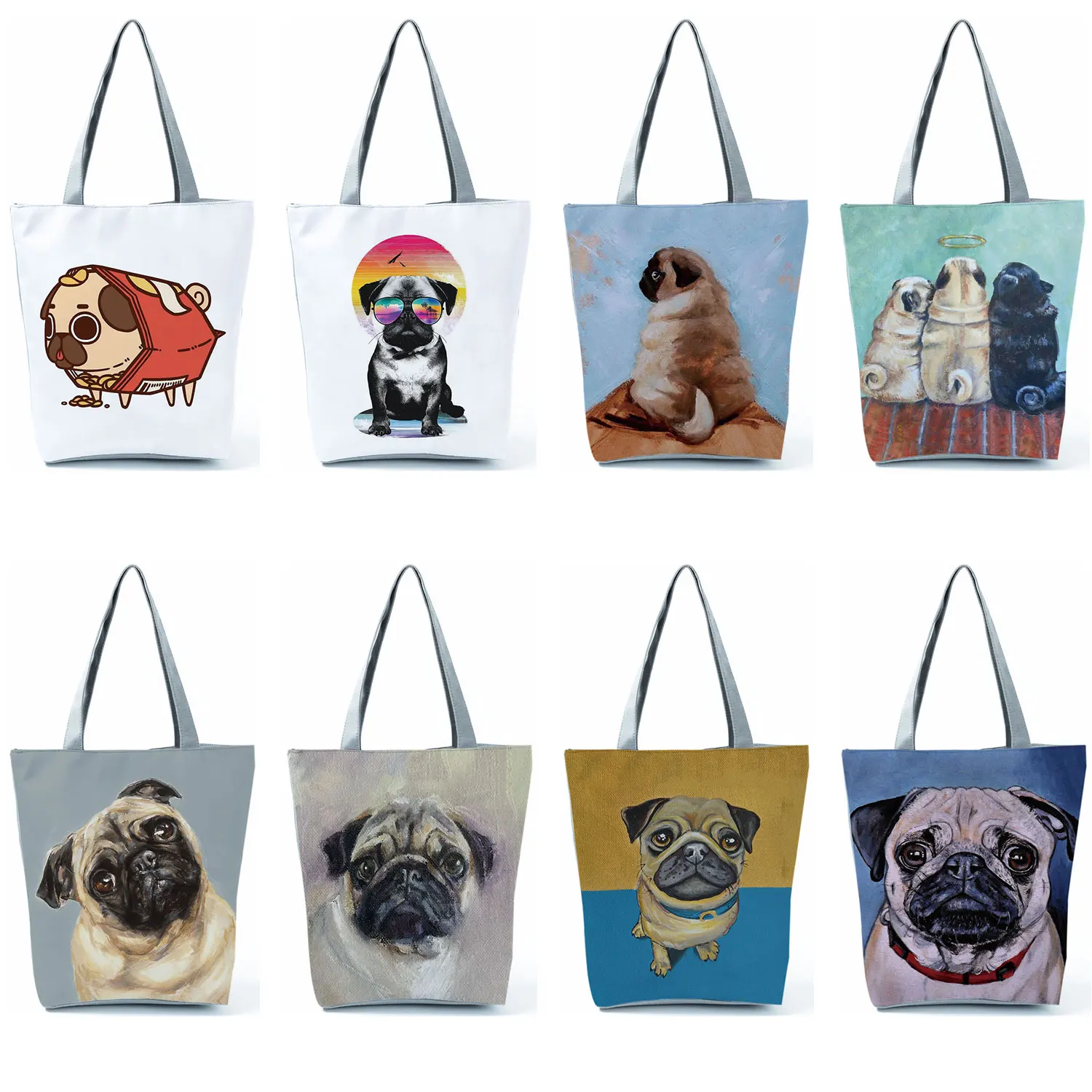 

Cute Pug Dog Print Shoulder Bag Reusable Shopping Bags Practical Eco Handbags Outdoor Storage Totes Bag for Women Custom Pattern