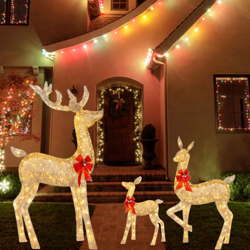 3 Pcs Christmas Deer Family Decor with Light Lighted Reindeer Xmas Decoration  Cute Xmas Deer Decoration for Holiday