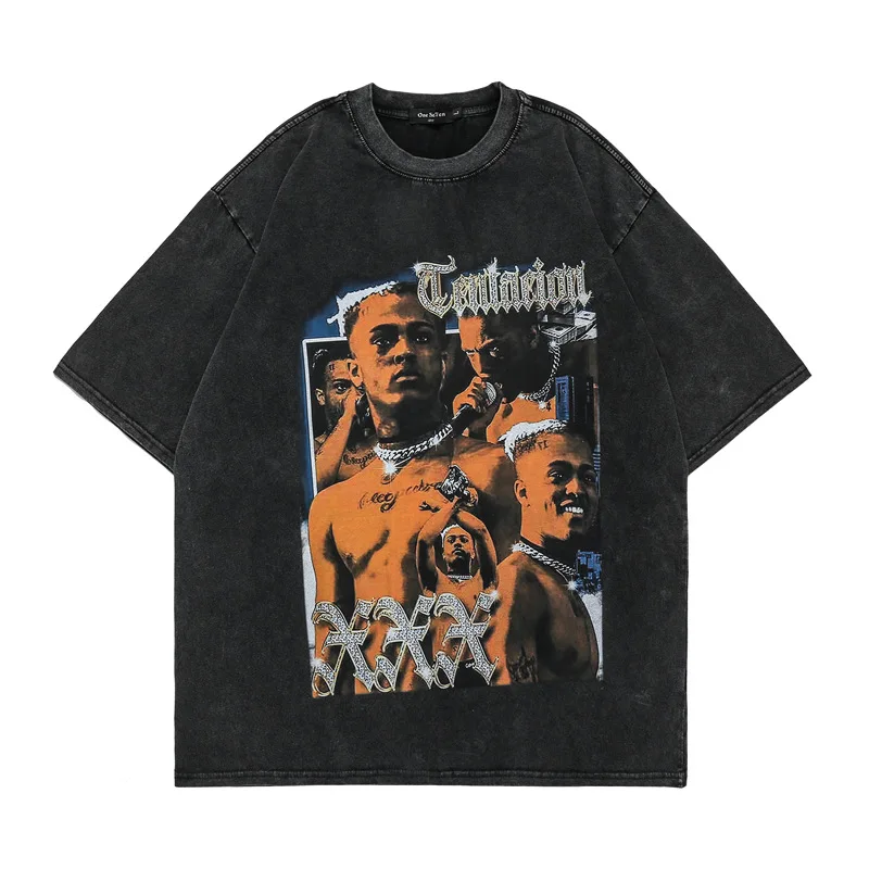 

High Street Short Sleeve T Shirt for Men Washed Old East Coast Hip Hop T-Shirt Casual Dark Half Sleeve Men's Clothing Y2k Tops