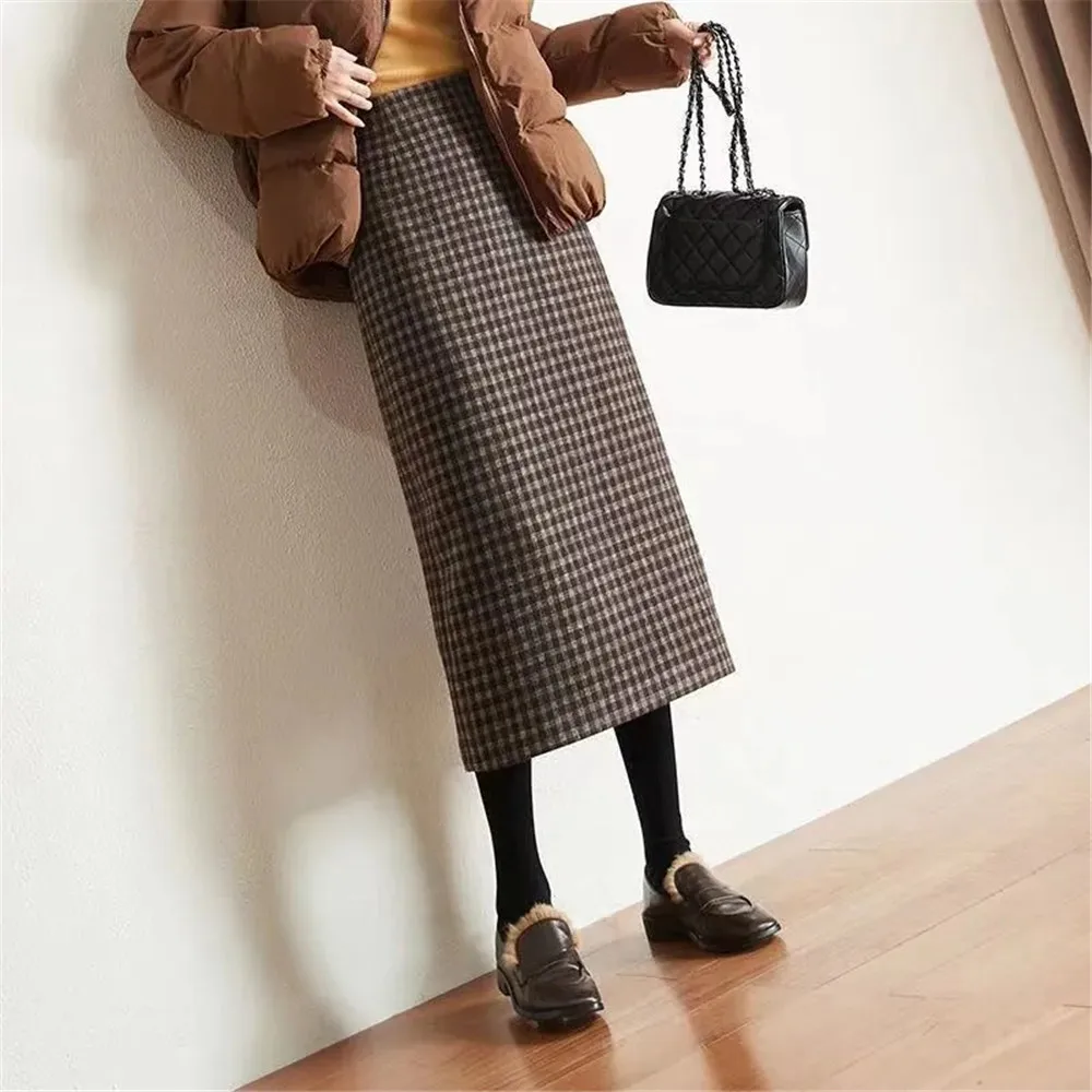 Y2k Slim Classic Plaid Midi Skirts Women Autumn Vintage Elegant Office Behind Slit Design All-match Harajuku Chic Fashion Skirts 3