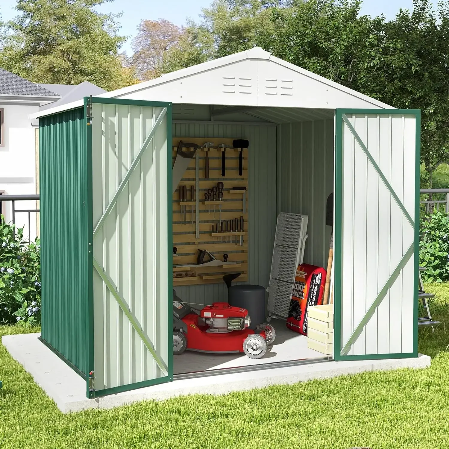 

8x6 FT Outdoor Storage Shed, Garden Tool Storage Shed with Sloping Roof and Double Lockable Door, Outdoor Shed for Garden, Green
