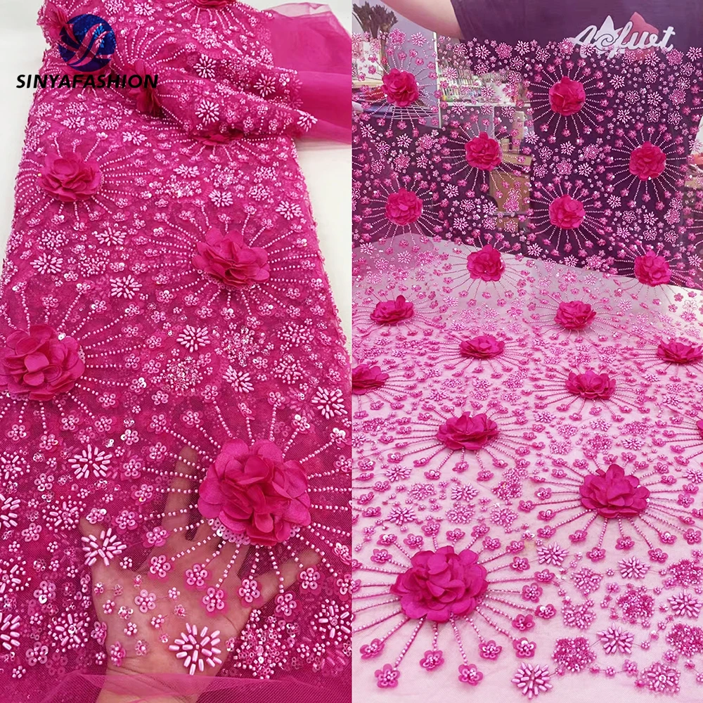 

Sinya Fuchsia Pink African 3D Lace Fabric High Quality French Sequins Heavy Beaded Lace Fabric Luxury With 3D Applique Flowers