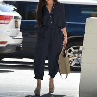 Summer 2023 Trendy Women's Casual Print Belted Workwear Jumpsuit High Waist Straight Leg Cotton Blend Multi-ket Overalls - Image 3