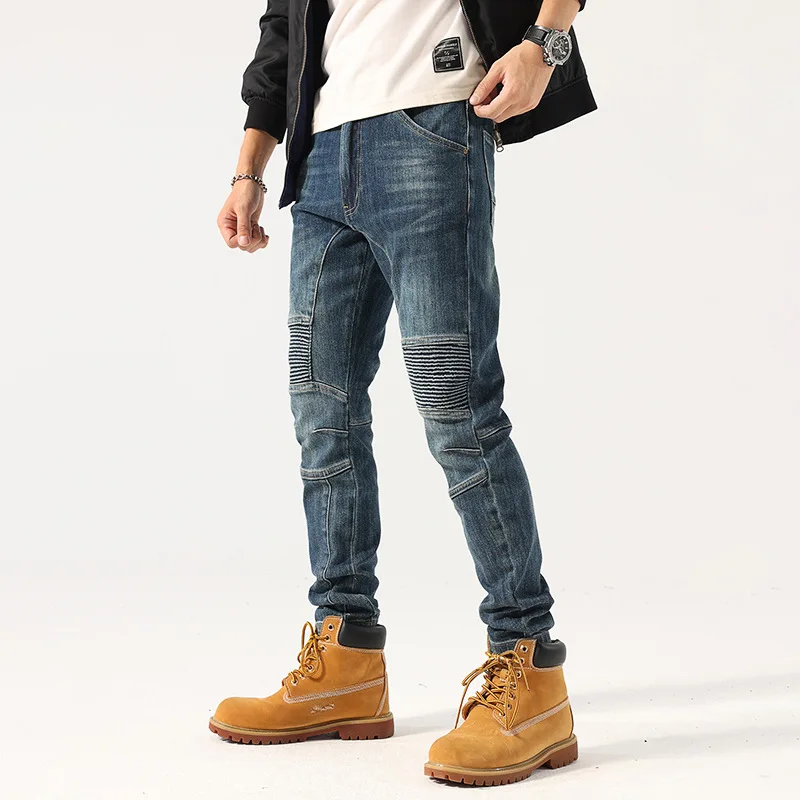 High Street Fashion Men Jeans Retro Blue Slim Fit Spliced Biker Jeans Homme Zipper Designer Hip Hop Pants Men Wrinkled Trousers