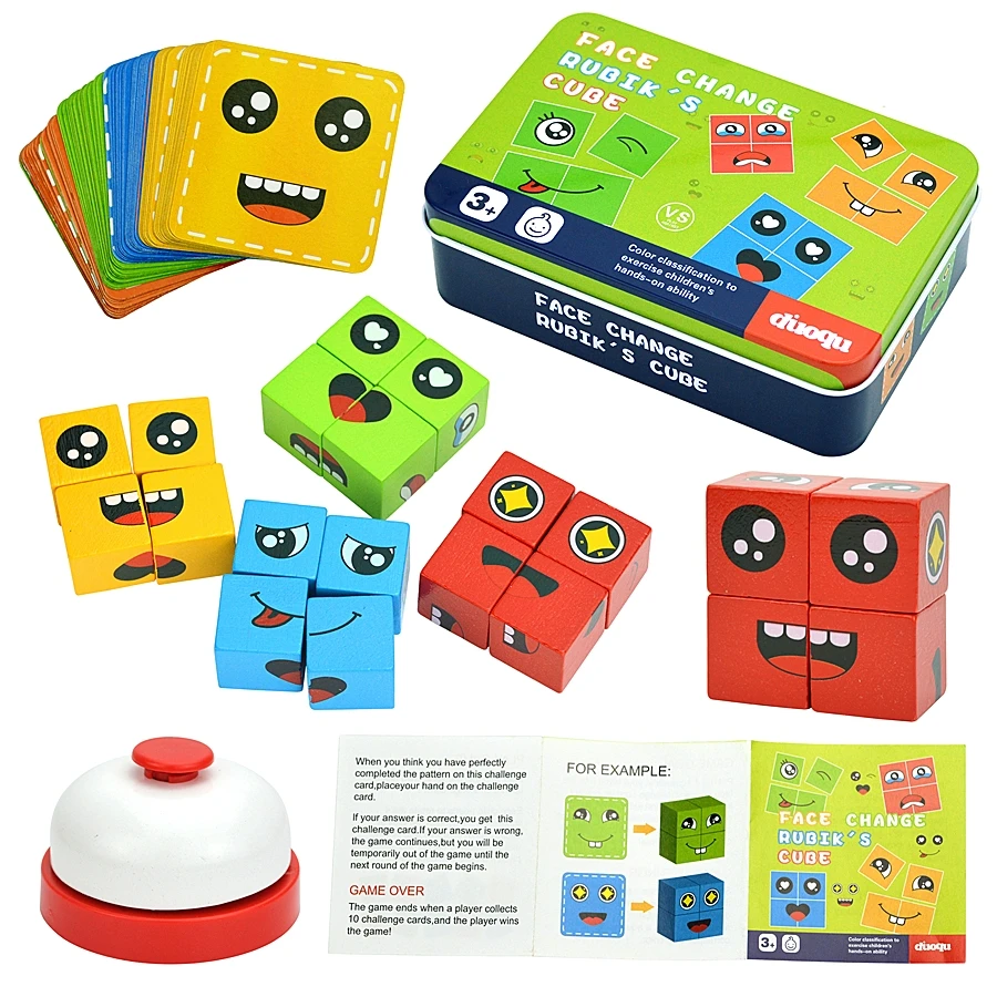 Children Montessori Emotion Change Building Blocks Feeling  Expressions Puzzles Educational Kid Card Match Game With Bell Ring 3