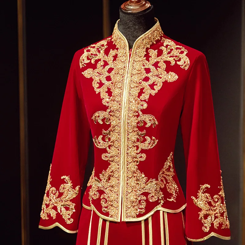 

2022 Bride Wedding Dress Vintage Beading Sequins Embroidery Cheongsam Traditional Chinese Style Velour Qipao Dresses