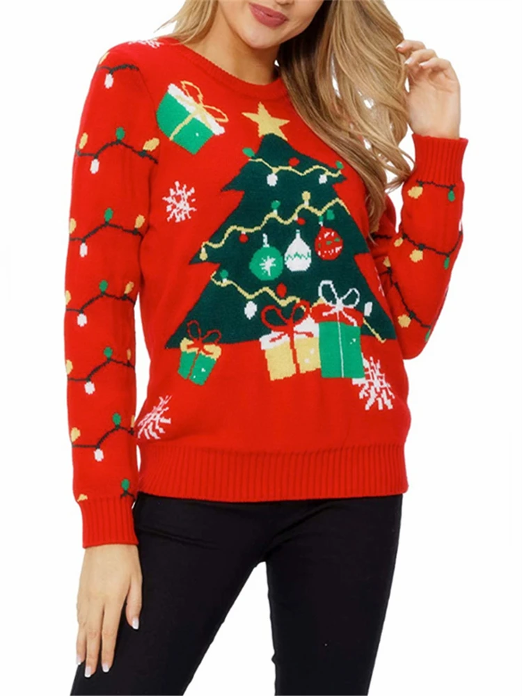 Red Christmas Elk Pullover Sweater Women Christmas Tree Sweater