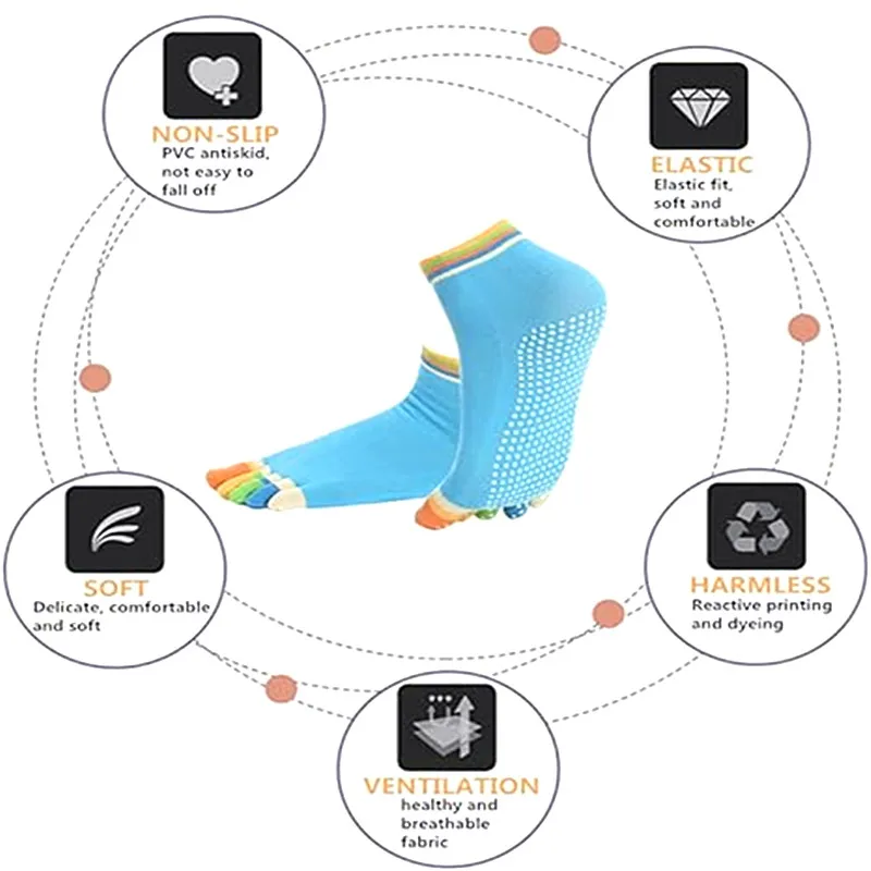 6 Pairs Yoga Socks Non-Slip Pilates Socks Colorful Comfortable Cotton Full Toe Grip Five Finger for Ballet Dance Lover
