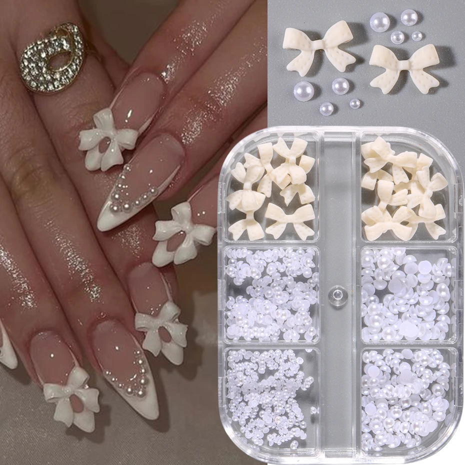 6Grids Ribbon Bow 3D Nail Art Decorations Resin Charms Butterfly Acrylic Flower Pearl Mixed Rhinestones Accessories Manicure