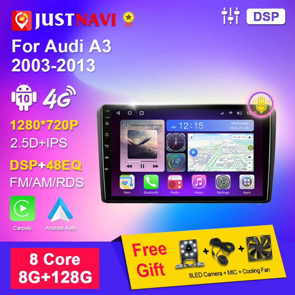 

JUSTNAVI 8 Core Car Radio For Audi A3 2003-2013 Multimedia Automotive DSP Carplay Android Auto FM Stereo Autoradio Video Audio