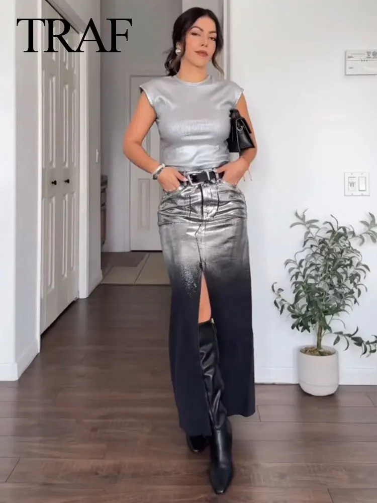 

TRAF 2024 Spring Skirt For Women Fashion New Denim Split Hem Sheath Long Skirts Female Vintage Chic Elegant Women's Skirt