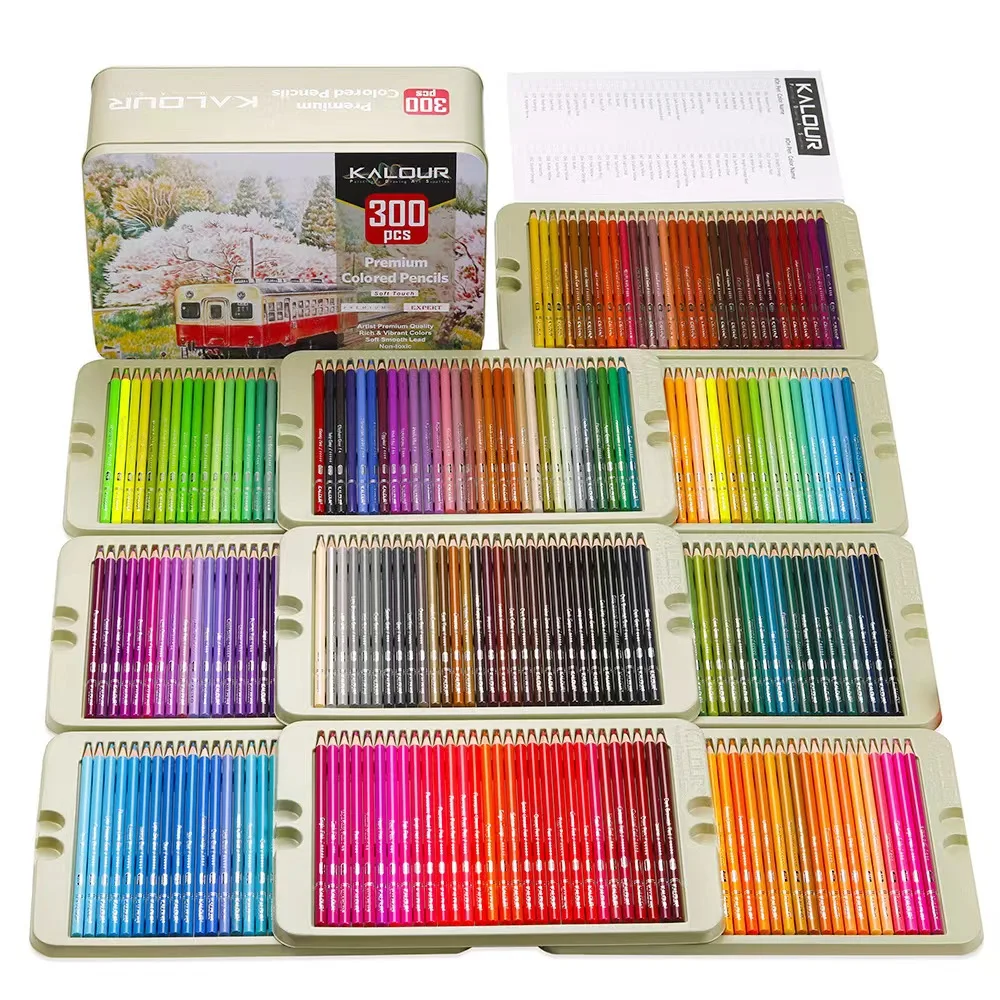 KALOUR 300 Pcs Colored Pencil Set Sketch Color Pencil Kit Graffiti Oil Color Lead Gift Tin Box Art Coloring Painting Set