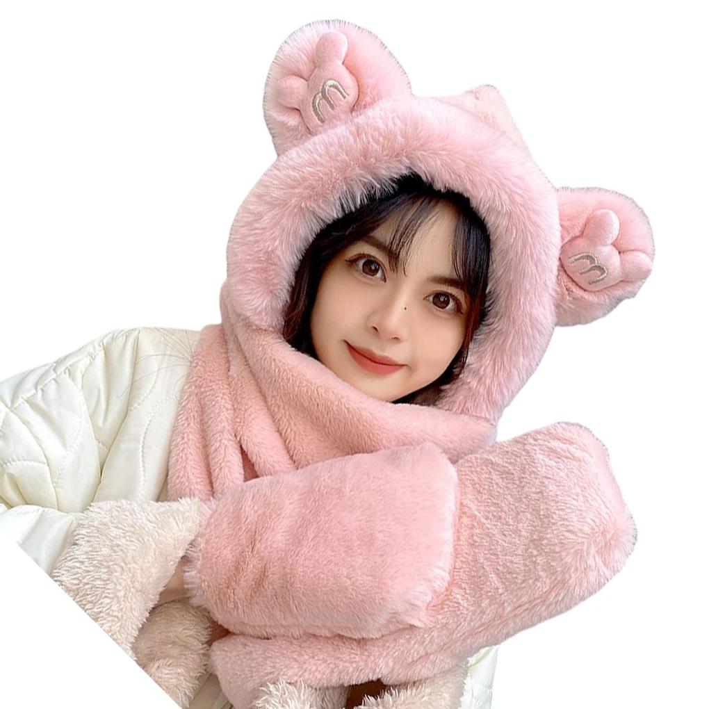 

Winter Women Cartoon Style Warm Keeping Hat Traveling 3-in-1 Scarf Gloves Cap Multifunctional Headwear Headgear