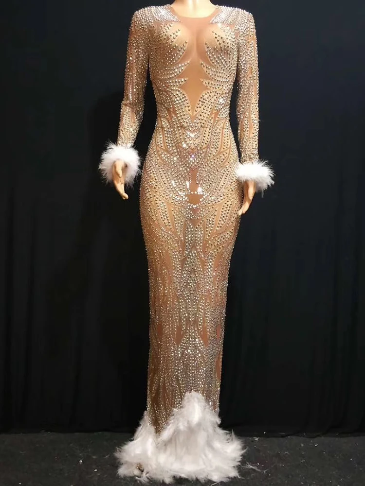 Rotterdam Kly-Robe Longue en Plumes avec Strass, Tenue de Soirée, de Bal, Sexy, Transparente, Citroanniversaire, Spectacle