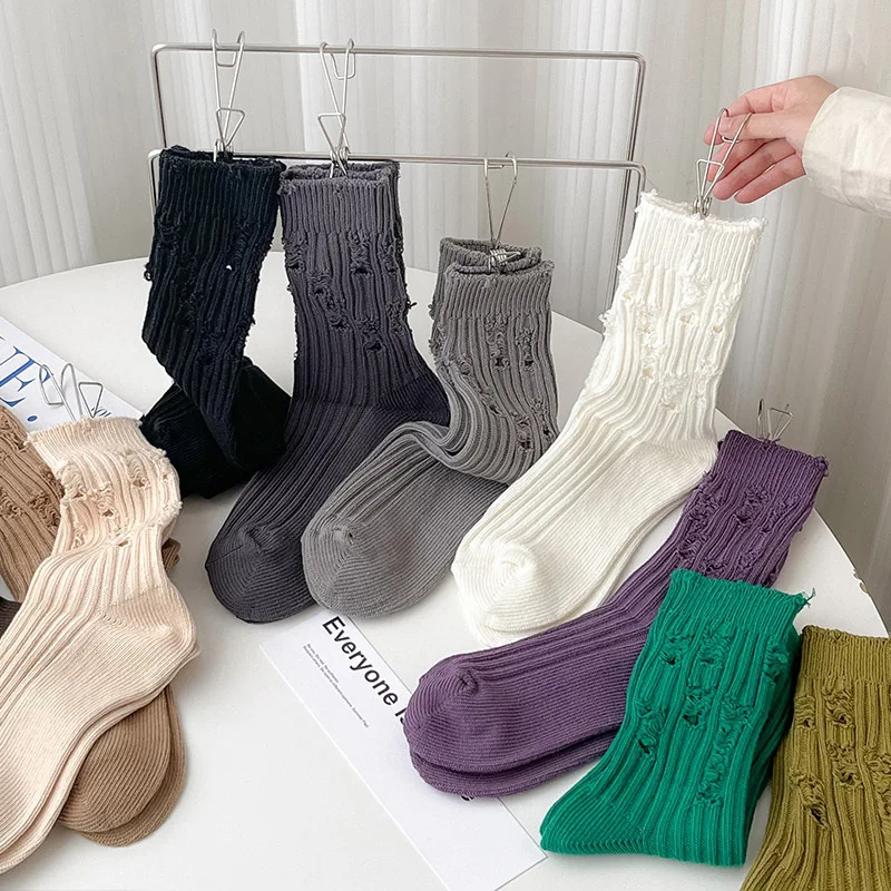 

Ins Punk Hole Women Long Socks Solid Color Beggar Sock Sweat-absorbing Breathable Cotton Socks Hiphop Harajuku Mid Tube Sock