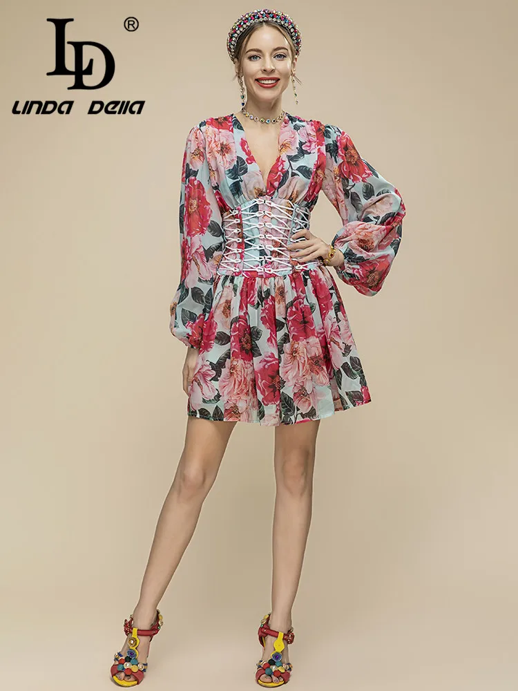 

LD LINDA DELLA Fashion Runway Summer Dress Women's Sexy V-neck Lantern sleeve Flower Print Vintage Short Holiday Party Dress