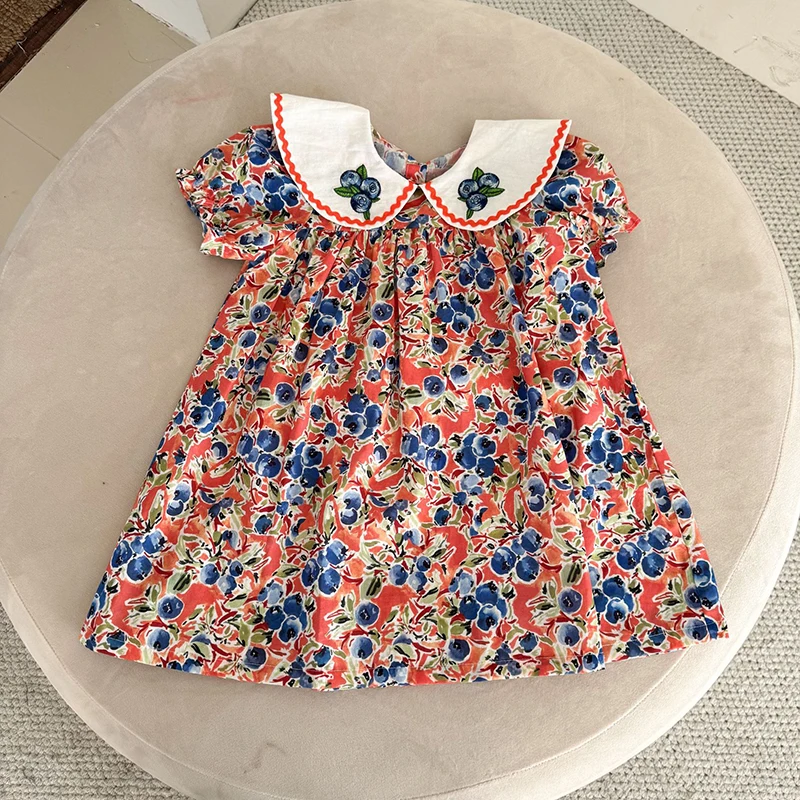 thumbnail image 1 of Vestido de princesa elegante de verano para niñas de 1 a 10 años, ropa para niños con cuello Peter Pan, vestido con estampado de arándanos y mangas abullonadas para chico, 1 of 6