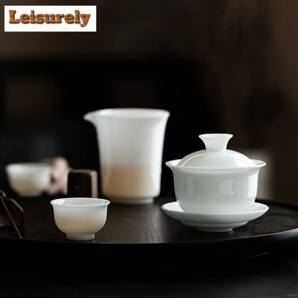 140ml Iced Jade Wihte Porcelain Gaiwan Luxury Brewing Tea Sancai Tea Tureen Household Making Cover Bowl for Ornaments