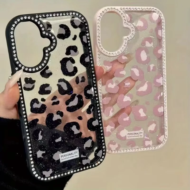 Double Sided Diamond Inlaid Frame Acrylic Hard Cover Leopard Print Plain Case for iPhone 17 Air 16 15 14 Plus 13 12 11 Pro Max 3
