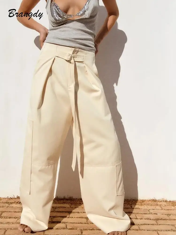 

Traf Cargo Pants With Belt Woman 2023 New Summer Casual Cargo Pant Casual Wide Leg Baggy Trousers 2023 New Women Beige Trousers