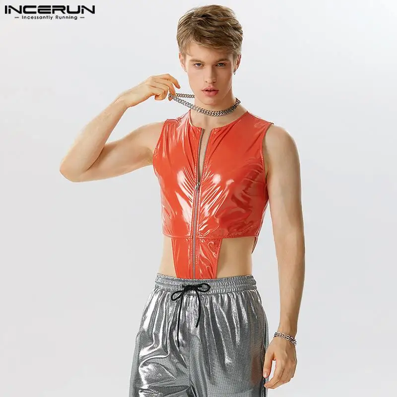 INCERUN 2023 Sexy Homewear New Men's Bodysuits Fashion Male Mirror Leather High Fork Zipper Sleeveless Triangle Jumpsuits S-5XL