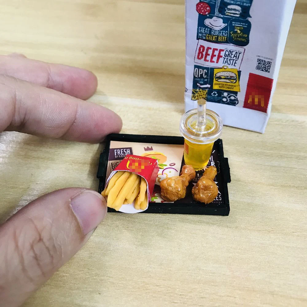 1 Set 1/6 Scale Dollhouse Miniature Hamburger Mini Fried Chips Coke Pretend Kitchen Food Toys for Doll House