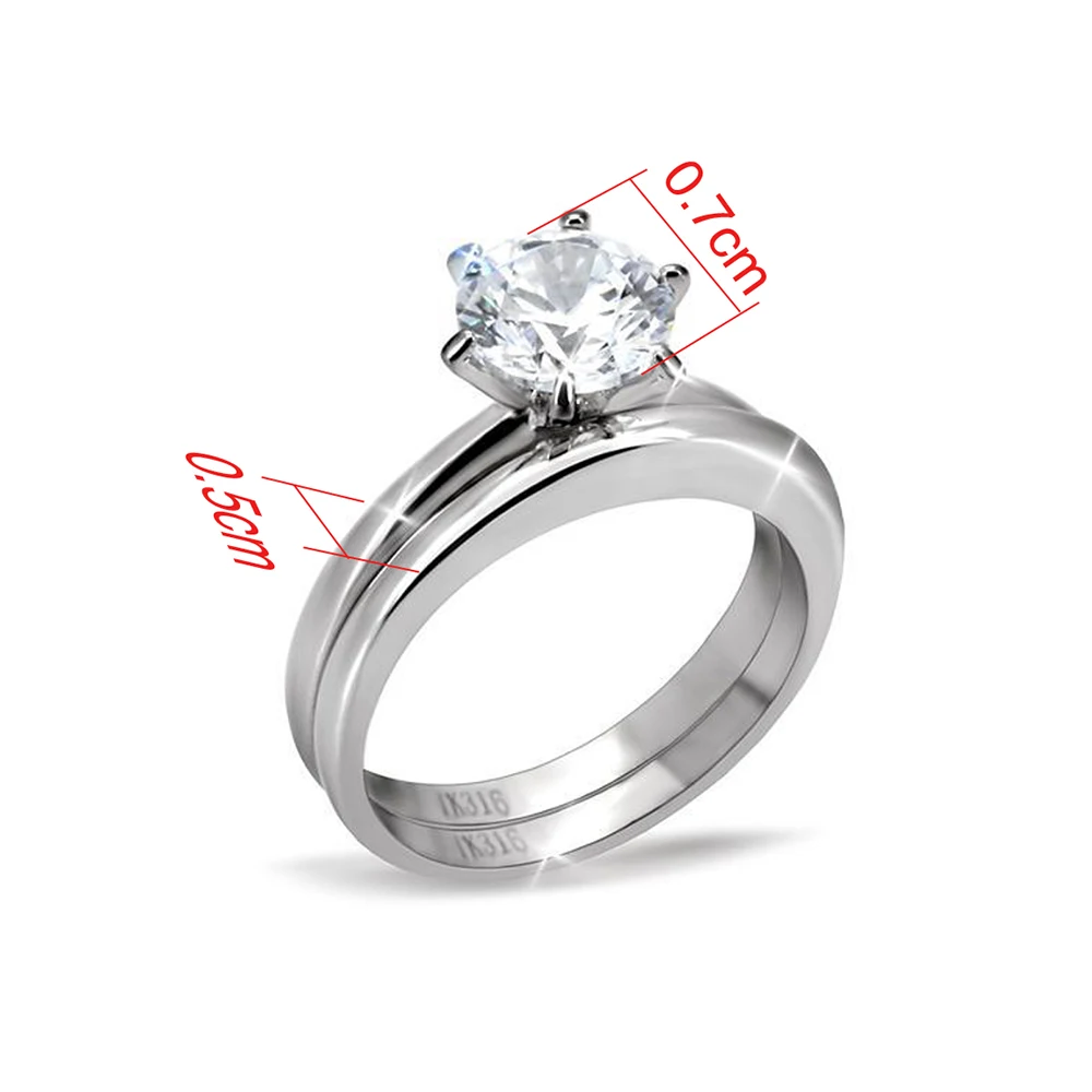 7mm 5A Cubic Zircon Ring 316L Stainless Steel Size 6-10 2PCS Set Engagement Wedding Jewelry For Women