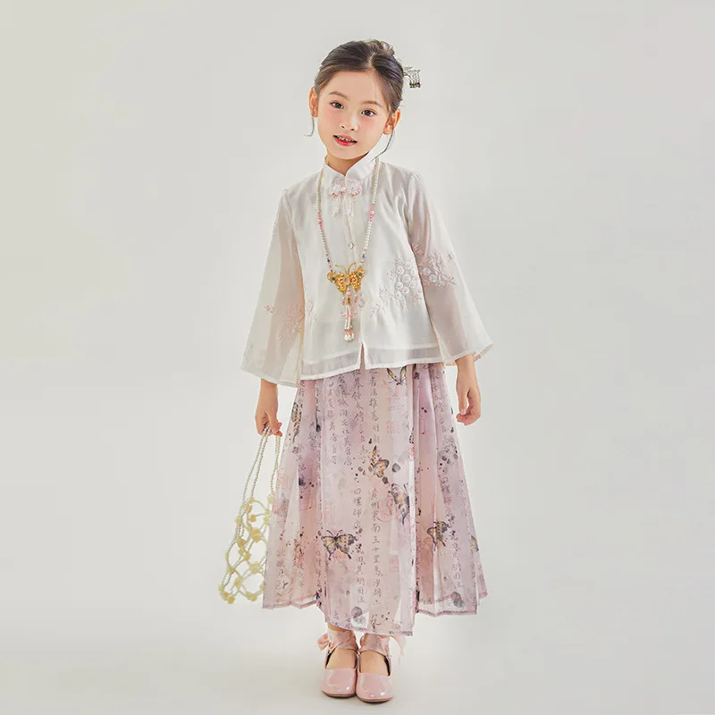 

2024 Summer School Girl 2PCS Clothes Set Teenager Girl Flower Embroidery Gauze Tops+Pleated Skirt Ethnic Style Sets For Children